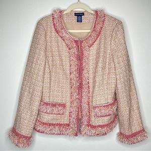 Boston Proper Pink Tweed Fringe Blazer Jacket